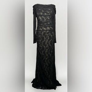 NWT Badgley Mischka Black Lace Off Shoulder Evening Gown/6 Train RuchedNWT